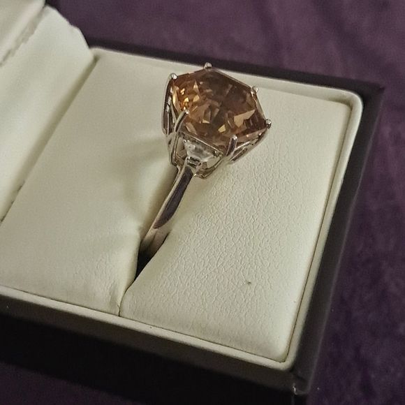 Citrine Hexagon Shape Ring In Platinum Over 925 Sterling Silver - Picture 2 of 6